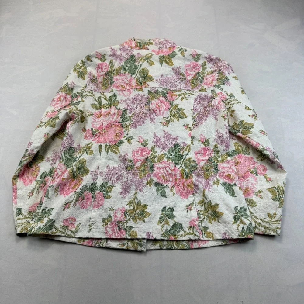 Analogy Denim Jacket Women L Pink White Floral Long Sleeve Stretch Button Front